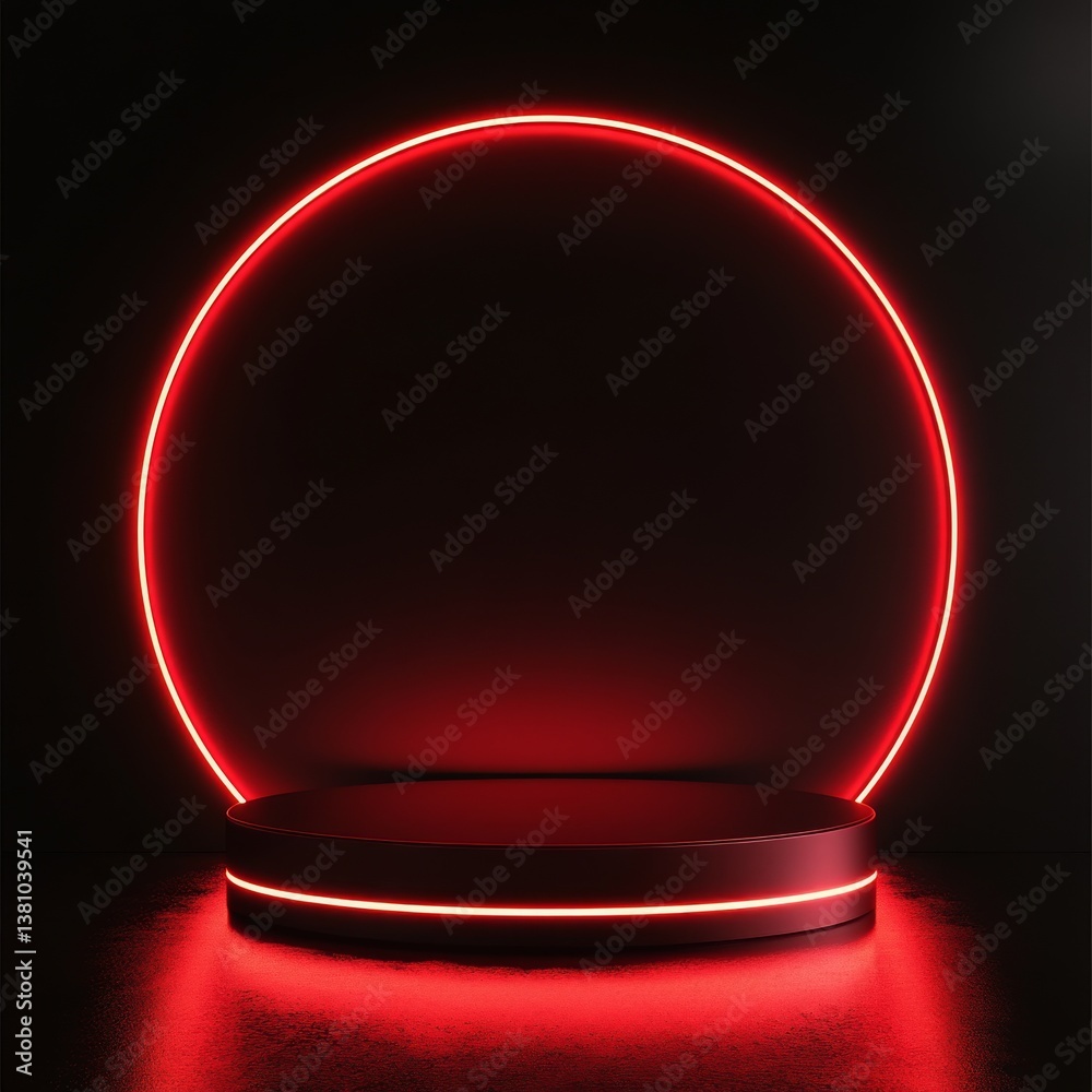 Aufkleber red neon podium with ring light - minimalist product showcase platform on a dark background