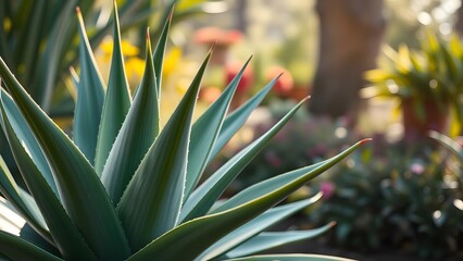 Obraz premium Green agave plant with sharp leaves in a sunny garden, surrounded by lush foliage and soft natural light. 