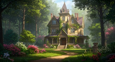 A large house with a garden in front of it