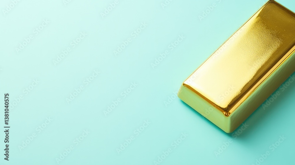 Poster close-up of gold bar resting on smooth solid color background with minimalistic design elements surr