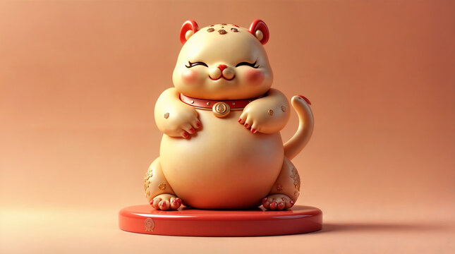 A cute cat figurine is sitting on a red base