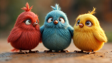 Fototapeta premium Three birds with different colors are standing next to each other