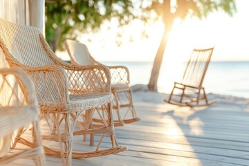 Obraz premium cozy corner with wicker furniture set atop wooden deck bathed in gentle natural light inviting warmth and relaxation