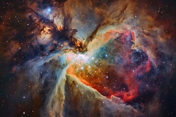 A breathtaking view of the Orion Nebula, showcasing vibrant colors and intricate gas structures, stellar birth and cosmic dust.