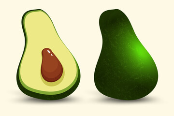 A whole avocado with a dark green, textured peel sits beside a halved one, revealing its creamy interior and large brown seed.