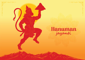 "Shree Hanuman Jayanti" Calligraphy in Marathi, meaning Greetings and wishes for Happy Hanuman Jayanti festival of India with lord Hanuman Vector Illustration © buzz illustrations