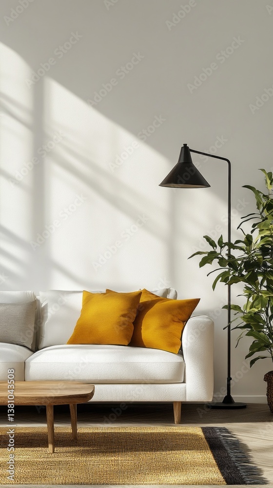 Aufkleber sunlight streams through large windows, creating patterns on the wall as a stylish white sofa adorne