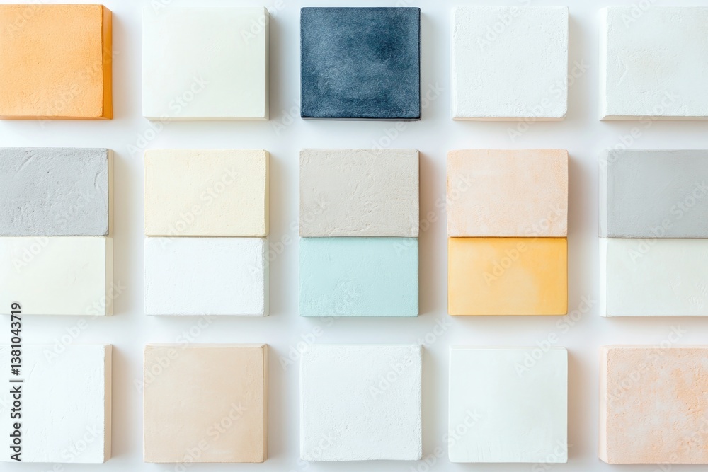 Poster grid of intriguing abstract squares with varying colors and textures on light background
