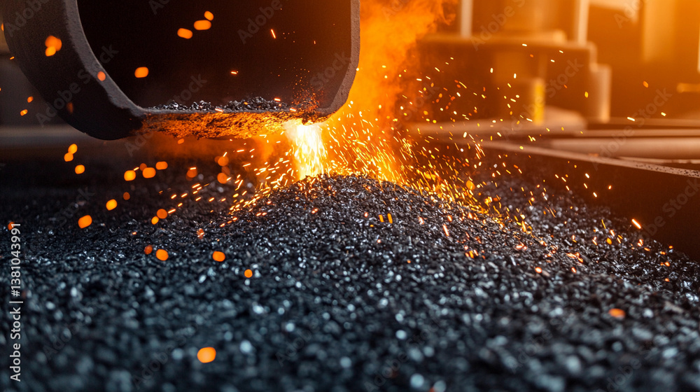 Fototapete Molten metal flows from forge onto black surface with sparks Generative AI