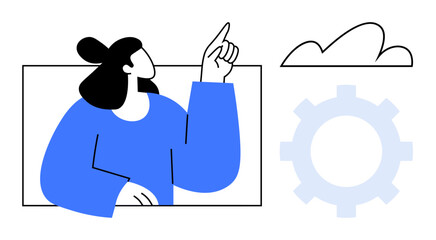 Woman gesturing upwards beside outlined cloud and gear. Ideal for creativity, teamwork, innovation, technology, leadership, problem solving, workflows. Flat simple metaphor