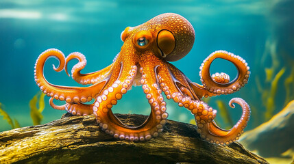 Obraz premium Vibrant orange octopus exploring underwater habitat Generative AI