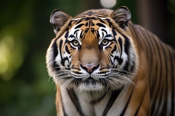 Naklejka premium majestic siberian tiger prowls silently through dense forest rays of sunlight streaming between towering trees