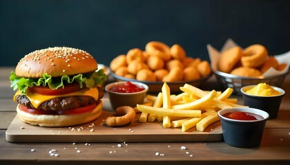 A collage of various fast food items arranged on a wooden table. There is a large burger with a sesame seed bun, lettuce, tomato, and cheese on top. Next to it, there are two small bowls of chips .