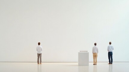 Fototapeta premium minimalist auction room with clean white walls and modern podium where bidders engage in silent but intense competition