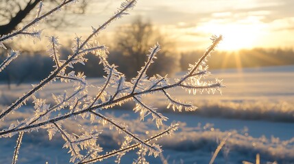 Frozen branches of winter sunrise