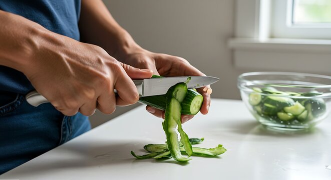 Cucumber Prep: Hands peeling green vegetable with knife on white countertop, bowl of sliced cucumbers.
