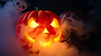 glowing pumpkin lantern with spooky face surrounded by mist creating a chilling Halloween atmosphere 8k scene