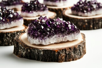 Amethyst geode clusters displayed on rustic wooden slices, showcasing their deep purple crystals and natural beauty.