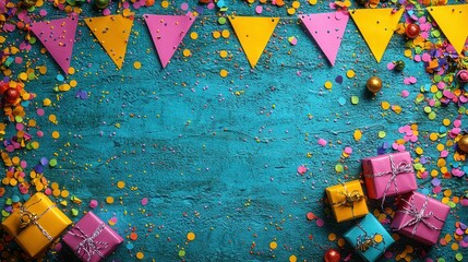 Fototapeta premium Festive Celebration: Colorful Gifts and Confetti on Teal Background