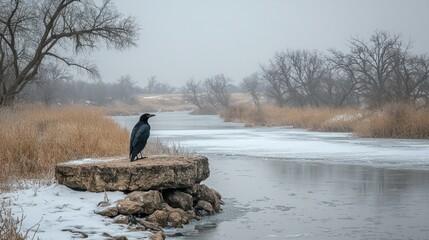 Solitary Raven by Frozen River in Winter