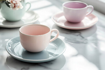 Fototapeta premium Elegant ceramic dishware in muted pastel colors, beautifully arranged on a marble countertop.