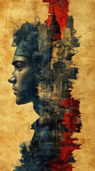 Fototapeta premium Revolutionary Double Exposure Portrait: Liberty, Change, Vintage Grunge Cityscape Art