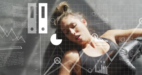 Wearing boxing gloves, woman with animation of data charts in school setting - Powered by Adobe