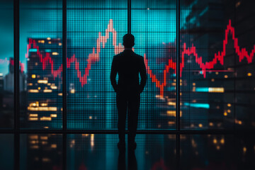 A businessman stands in front of a large window, looking out over the city skyline at dusk, where the warm evening light casts shadows.