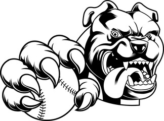 Angry Bulldog Mascot Holding Baseball Ball With Claws In Black And White
