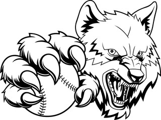 Obraz premium Angry Wolf Mascot With Baseball Ball In Claws Black And White