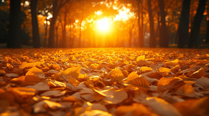 Obraz premium Autumn Sunset in a Golden Forest Path