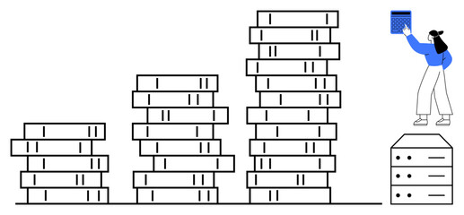 Woman managing stacked servers illustrating data organization and growth. Ideal for data management, storage, technology, IT, cloud computing, digital transformation, analytics. Flat simple metaphor