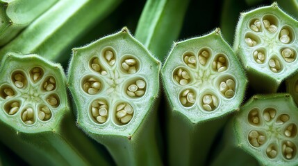Fresh okra slices revealing seeds and texture.