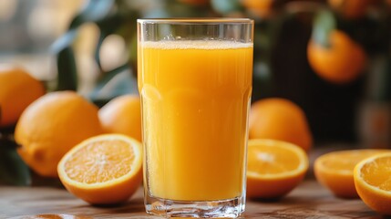Fresh orange juice in a glass with oranges.