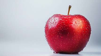 Fresh red apple with water droplets on surface.