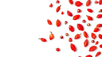 Red berries scattered on a white background.