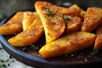 Spicy seasoned potato wedges with herbs on wooden plate