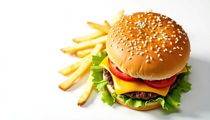 Overhead view of french fries and burger, white background , dinner, eat, unhealthy