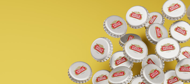 Guilherand-Granges, France - April 03, 2025. Stella Artois: Belgian pilsner beer known for its crisp finish and rich heritage. 3d render.