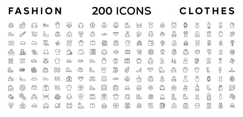 Fashion Minimal line icons collection. Jacket, Winter Coat, Sweatshirt, Dress, Hoody, Jeans, Hat icon for apps and website