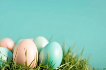 Fototapeta premium vibrant colorful arrangement of easter eggs nestled in fresh green grass under clear blue sky