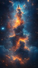 Stunning Nebula Illuminated by Fiery Orange and Deep Blue Hues with Cosmic Pillars