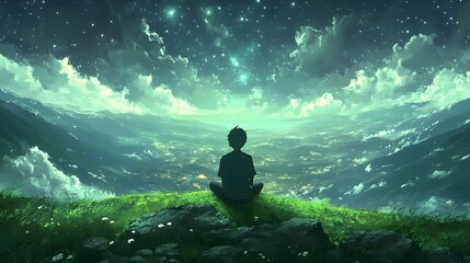 Obraz premium A person sits on a hill overlooking a starry landscape at night