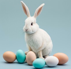 Fototapeta premium A cute, fluffy bunny seated on a nest of pastel-colored eggs, against a soft blue studio background. Generative AI
