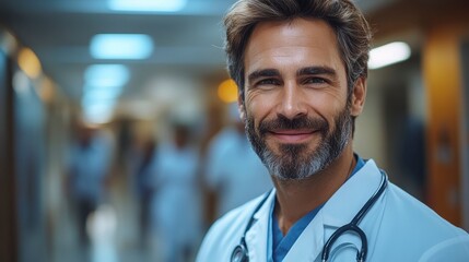 Fototapeta premium Smiling doctor in hospital corridor. Patients blurred in background; natural light