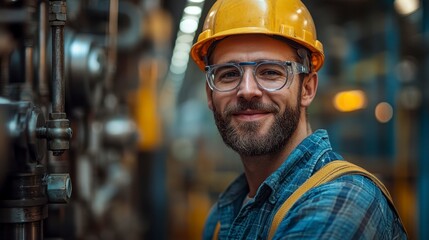 Factory worker wearing a hard hat and glasses smiles in a workshop