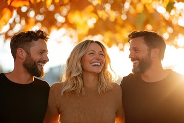 capture candid scene of adult siblings standing together laughing and interacting outdoors with sunlight filtering