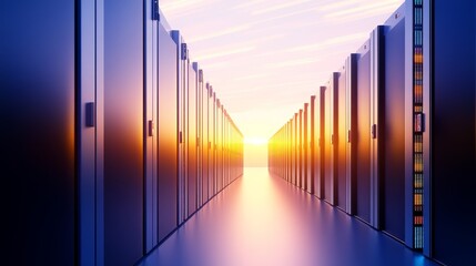 Obraz premium Futuristic data center at sunset, showcasing rows of servers with vibrant lighting effects