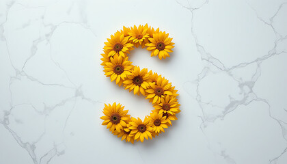 Floral alphabet (letter ‘S’ made of sunflower petals) on white, creative