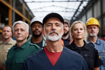 capture diverse group of people of various ages and ethnicities standing together in front of workplace